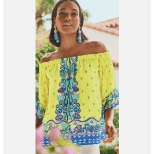 Lilly Pulitzer Fawna off shoulder top Pineapple Rivera Loro Green print Size XS